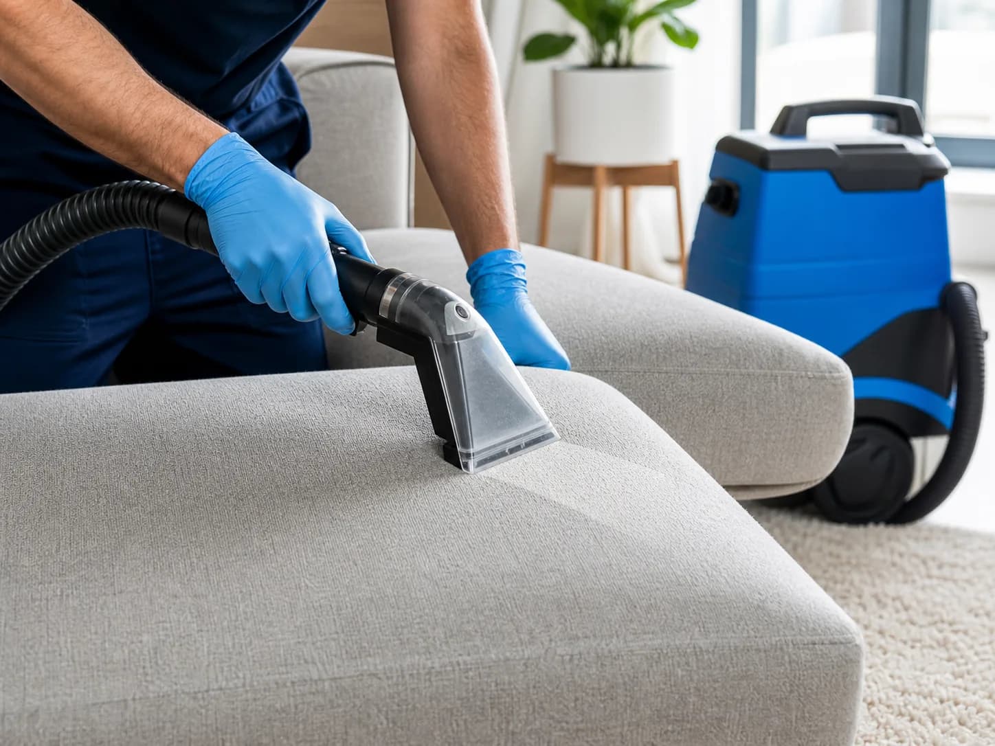 Specialist extraction tool cleaning a fabric sofa