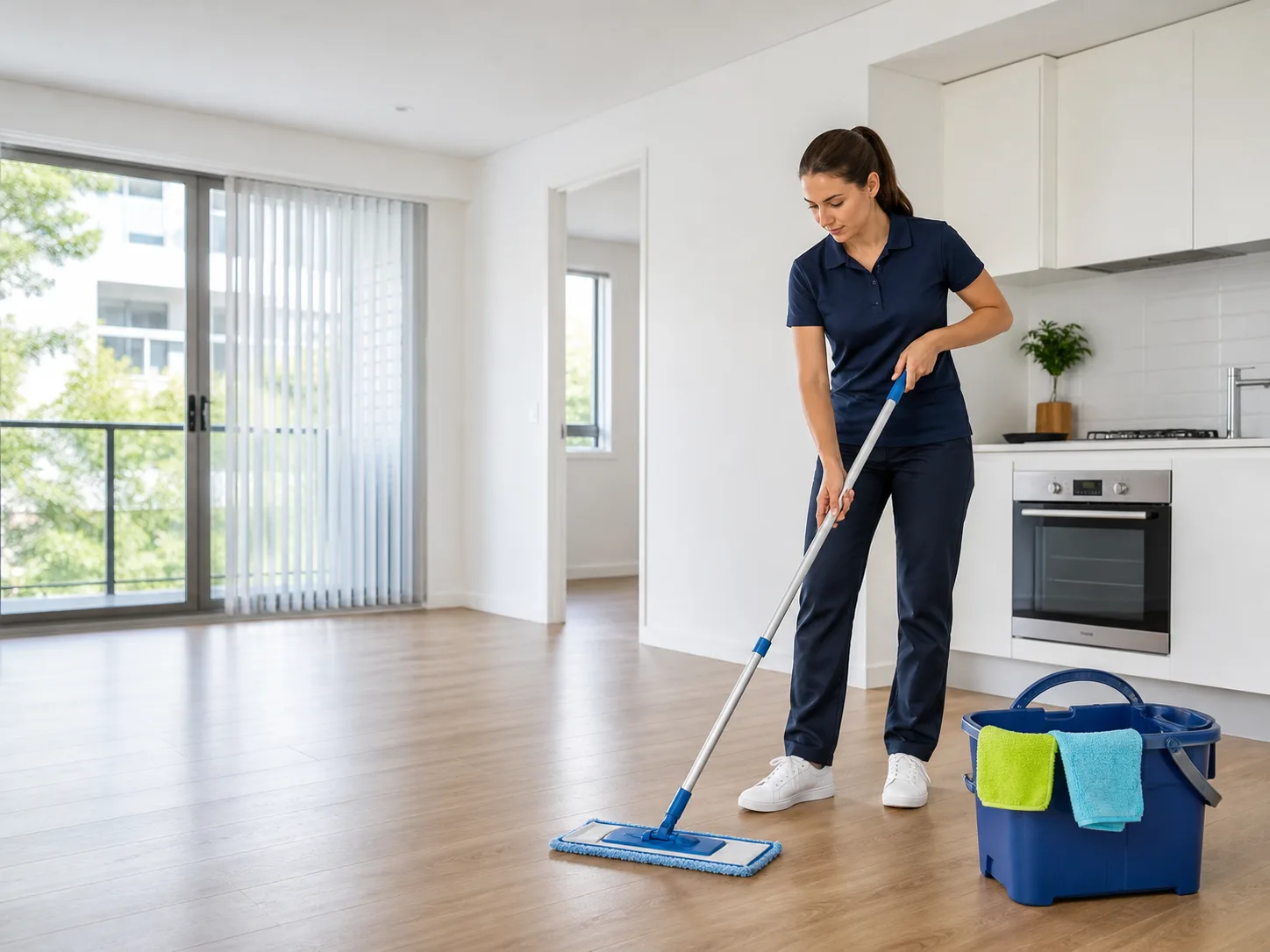 Cleaner mopping an empty apartment before handover