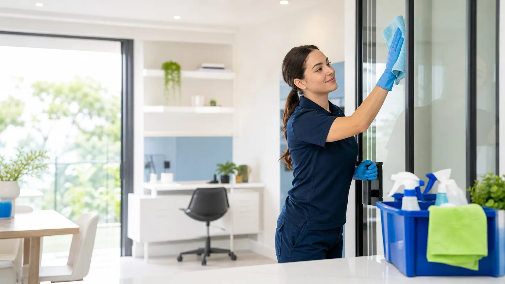 Professional cleaner wiping glass in a bright modern interior