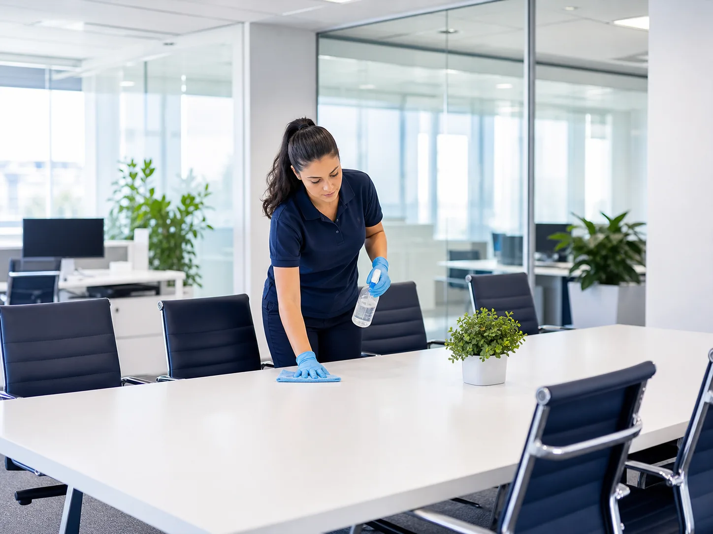Cleaner sanitising a modern office meeting table