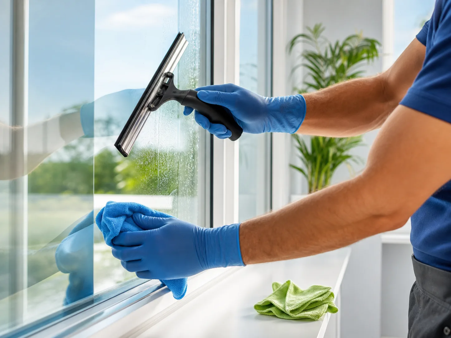 Cleaner using a squeegee on a bright glass window